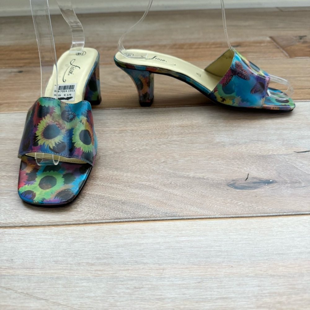 Vintage 90s Fioni Holographic Butterfly Sunflower Heels Mules Shoes Rave 6.5 - Picture 5 of 10